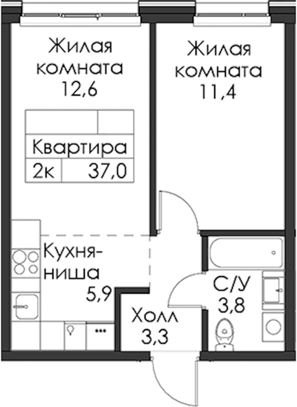 1-комнатная квартира 37 м², 1/8 эт., ЖК «Шкиперский 19»